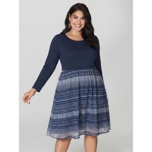 eShakti Navy Blue Mixed Media Geometric Print Fit & Flare Dress 16W Long Sleeve